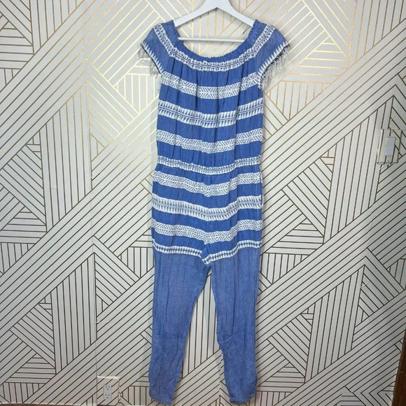 Lemlem Freya Off The Shoulder Embroidered Gauze Jumpsuit Blue Size US Medium - Picture 5 of 12